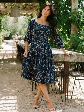 Baltic Born Marta Smocked Midi Dress Navy Floral Puff Sleeve Layered Size L NWT